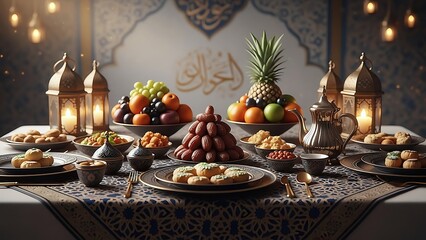An Exquisite Table Setting Adorned With Delicious Foods And Elegant Lanterns, Perfect For Celebrating Ramadan Or Eid Festivities.