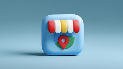 3D Google Maps Business Icon with Location Pin and Storefront graphic design isolated on a transparent background
