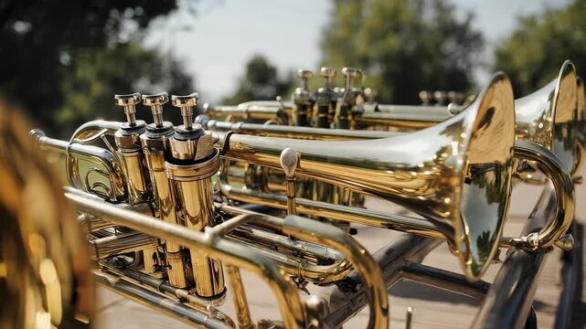 Row of Golden Trumpets Lined Up Outdoors on a Sunny Day
