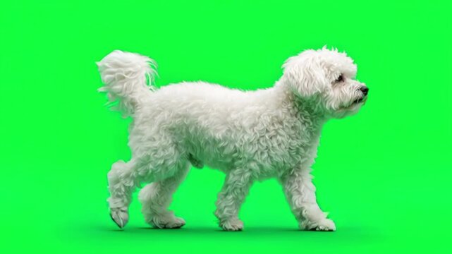 White bichon frise dog walking on green screen background