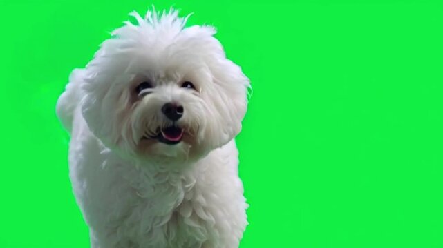 Happy bichon frise dog running towards camera with green screen background for easy keying and compositing