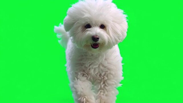 Happy bichon frise dog running towards camera with open mouth on green screen background