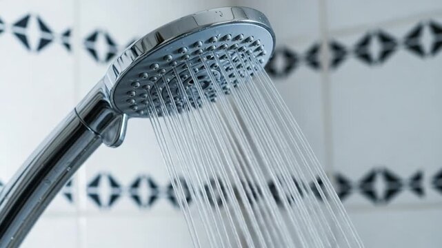 Chrome Shower Head Spraying Water Against White Tile Wall with Black Accents
