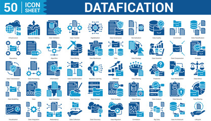Datafication two color glyph Icon Set Collection Concept With Icon Of Enrichment, Repository, Metadata, Algorithm, and more. Illustration eps 10