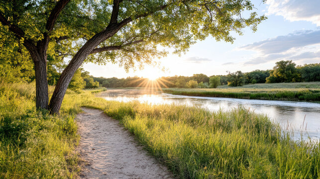 River path at soft dawn light with sunburst and tranquil riverside reflection