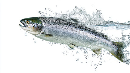 Living Atlantic Salmon Leaping Out of Water Mid Jump with Vibrant Silvery Body on Pure White Background