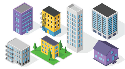 Building collection with various apartments and houses,