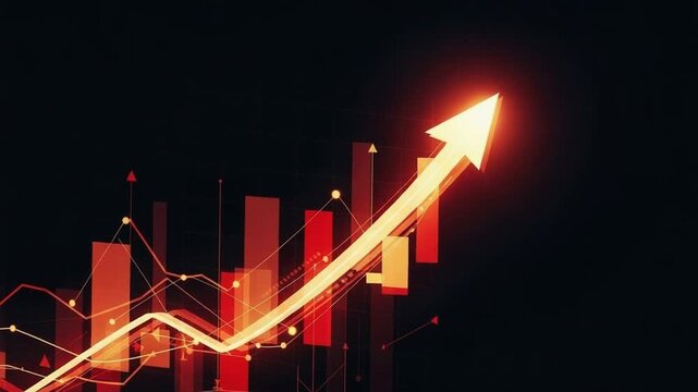Glowing Upward Arrow Graph With Red Orange Bars And Dark Background Representing Financial Growth And Success