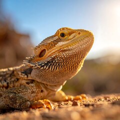 Fototapeta premium Close-up of a reptile basking in the warm sunlight, looking upward