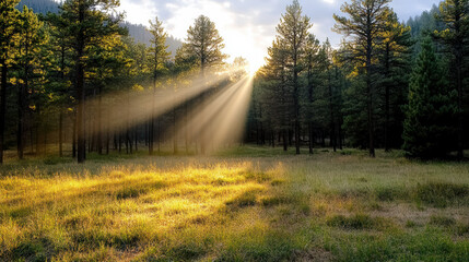 Sunlight forest meadow pine trees morning rays warm glow
