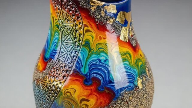 Ornate Ceramic Vase with Vibrant Rainbow Swirls and Gold Leaf Accents on a Neutral Background