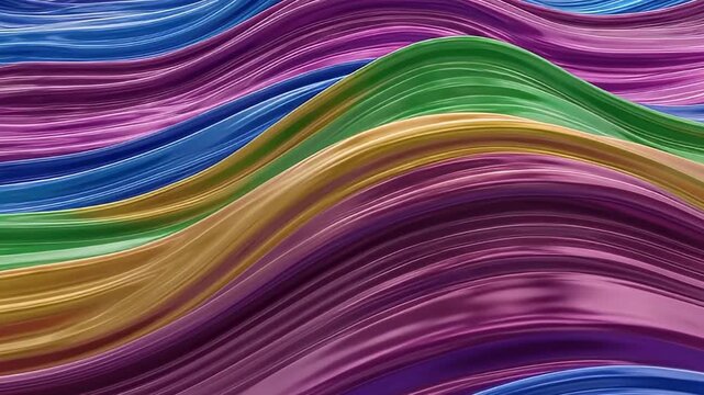 A vibrant abstract background features a mesmerizing, fluid motion of undulating colorful waves. Dynamic shifts between blue, magenta, purple, gold, and green hues create a sleek, glossy visual textur