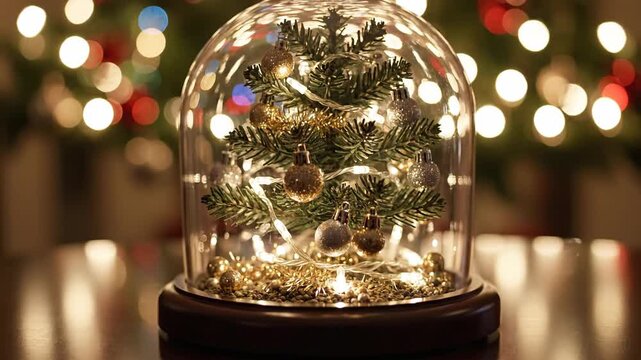 Miniature christmas tree under glass dome with string lights decorative festive holiday
