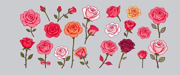A set of diverse rose icons, including realistic, cartoon, and line art styles, bloom, wedding