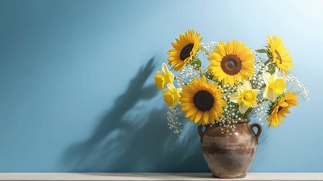 A vibrant bouquet of radiant yellow sunflowers and cheerful daffodils is artfully arranged with delicate white filler flowers in a rustic, textured earthenware vase. The arrangement is prominently dis