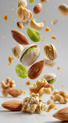 Mixed Nuts and Green Raisins Falling on Clean White Background