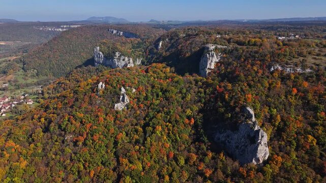 Aerial views of the Cirque du Fer‑&agrave;‑Cheval and the village of Sixt‑Fer‑&agrave;‑Cheval in the Haut‑Giffre valley, Haute‑Savoie, Auvergne‑Rh&ocirc;ne‑Alpes, France