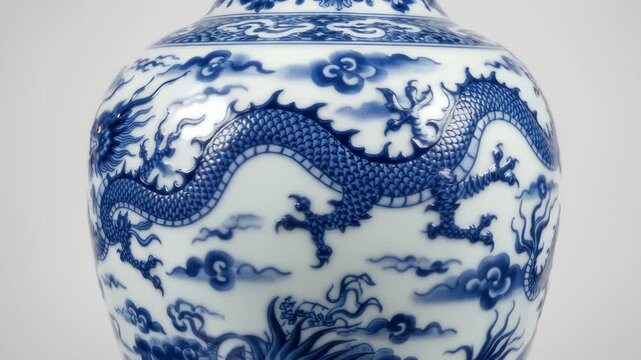 Camera Pans Across Chinese Vase With Dragon Detail Close Up Shot