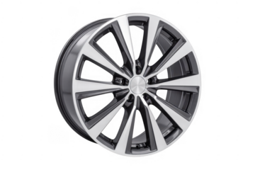 Silver car wheel with black accents isolated on a transparent background