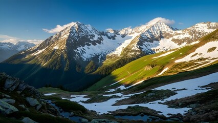  mountain landscape at early spring, snow melting on peaks