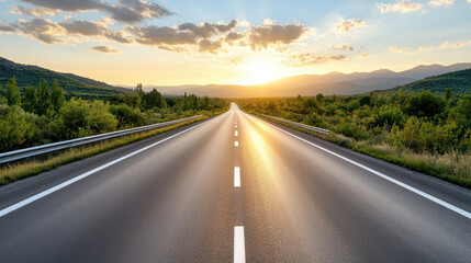 Fototapeta premium Open highway at sunset with soft sun glow and distant hills