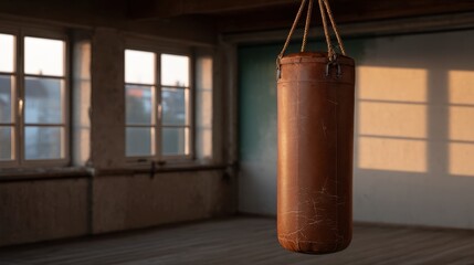 Worn Leather Punching Bag with Torn Surface and Deep Cracks in an Empty Training Room