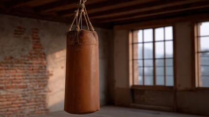 Torn Leather Punching Bag with Deep Cracks Hanging in an Abandoned Room with Brick Wall