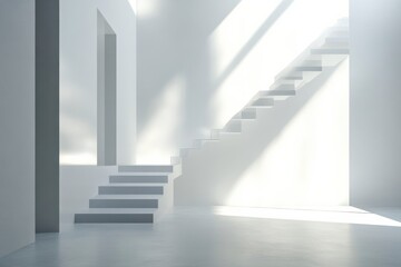 Obraz premium Minimalist White Interior with Stairs and Natural Light Streaming Through Windows