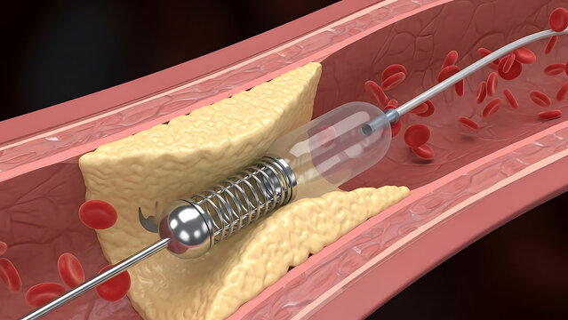 Stent and catheter for implantation into blood vessel stent angioplasty 3d illustration