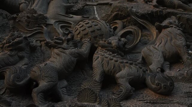 Ancient Stone Sculpture of Foo Dogs With Flower of Life Sphere