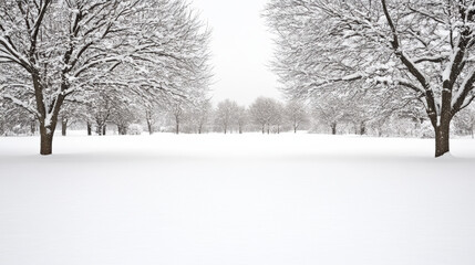 Naklejka premium Snowy park avenue lined with bare trees, serene winter landscape and soft snowfall
