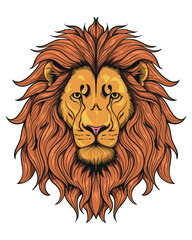 A majestic lion head with a bold fiery mane illustrated in a clean modern style, set against a crisp white background, ideal for branding, tattoos, decals, apparel, posters, artHD.