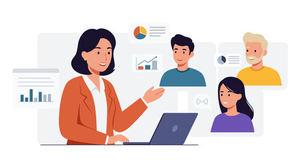 Businesswoman Presenting Data on Laptop to Diverse Online Team