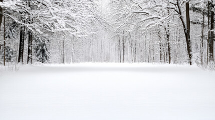 Fototapeta premium Snowy forest path with falling snow and tranquil atmosphere