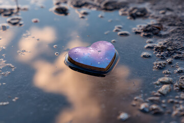a heart shaped object is sitting on a puddle
