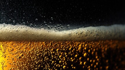 A close-up view of a frothy beer with bubbles, showcasing the rich amber color and foam at the top.
