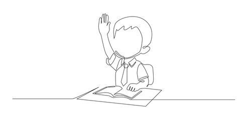 Continuous line drawing of a smart student raising a hand in a classroom, symbolizing confidence, curiosity, and active participation in learning. Single line illustration suitable for education.