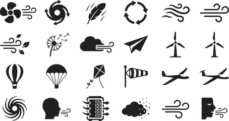 Wind icon set with fan hurricane feather circular arrow and wind waves blowing leaves dandelion cloud paper airplane windmill hot air balloon parachute kite windsock airplanes heater stormy 