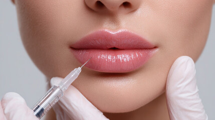 Professional Cosmetologist Performing Lip Contouring Procedure With Syringe in Modern Luxury Aesthetic Clinic