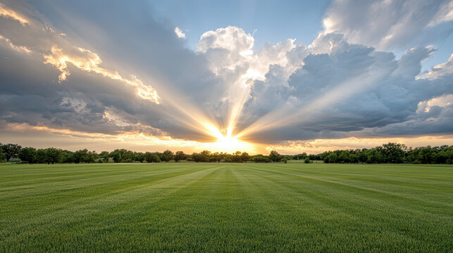 Sunrise over open field with dramatic clouds and sunrays - Powered by Adobe