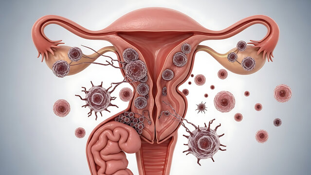 Uterus or uterine cancer Medical concept as cancerous cells spreading in a female reproductive syste