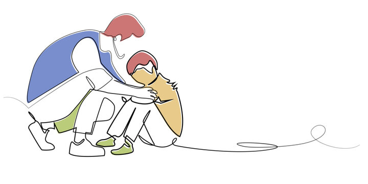line art drawing of a man helping a child who is down and crying.line art of a bullied child.line art vector illustration of bullying a child.