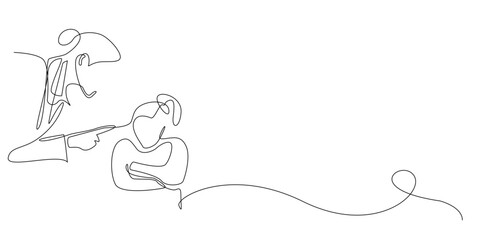 Continuous line drawing of a mother speaking firmly to her young son showing care guidance and discipline. Single line suitable for parenting communication family support and life lessons.