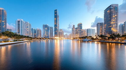 Naklejka premium Waterfront skyline dusk reflection calm atmosphere