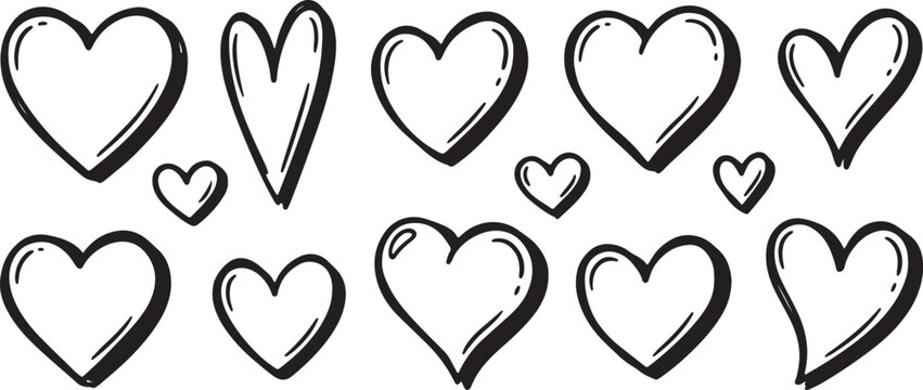 Vector hearts hand drawn doodle hearts large heart small heart medium heart black outline cute love illustration