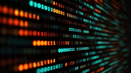 A vibrant visualization of binary code, showcasing a digital landscape of ones and zeros illuminated in various colors.