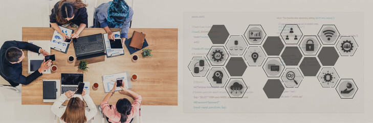 Hexagon interface combining AI, data, analytics, and cybersecurity. AI connects systems, data drives analytics, data supports decisions, and AI enables smart business infrastructure. Vouch