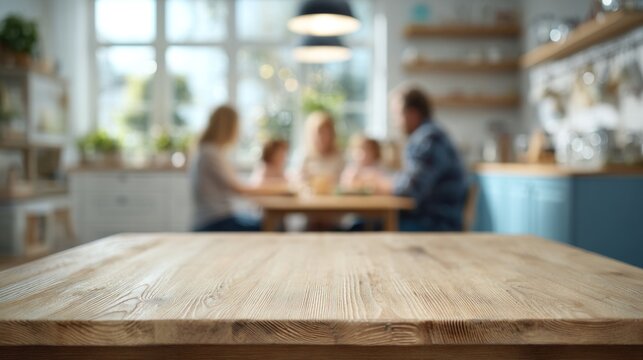 A cozy kitchen scene focused on a wooden table, with a family gathering in the background, creating a warm and inviting atmosphere.