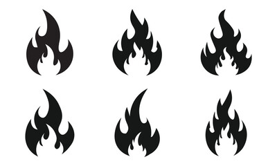 Fire flame silhouette set. Tribal bonfire and hot campfire icons. Vector black heat symbols.
