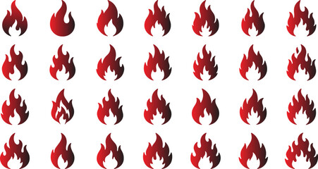 Fire flame vector icon set showing different burning flame shapes in red color grid design